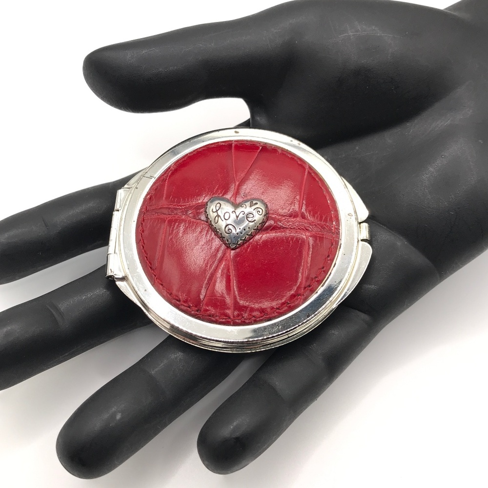 Brighton Compact Mirror Red Leather Croc Embossed Silver Heart Love